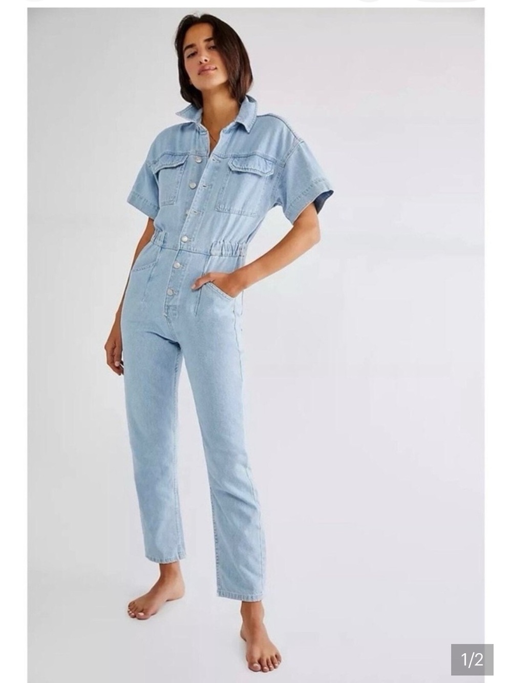 We The Free Marci Denim Short-Sleeve Jumpsuit